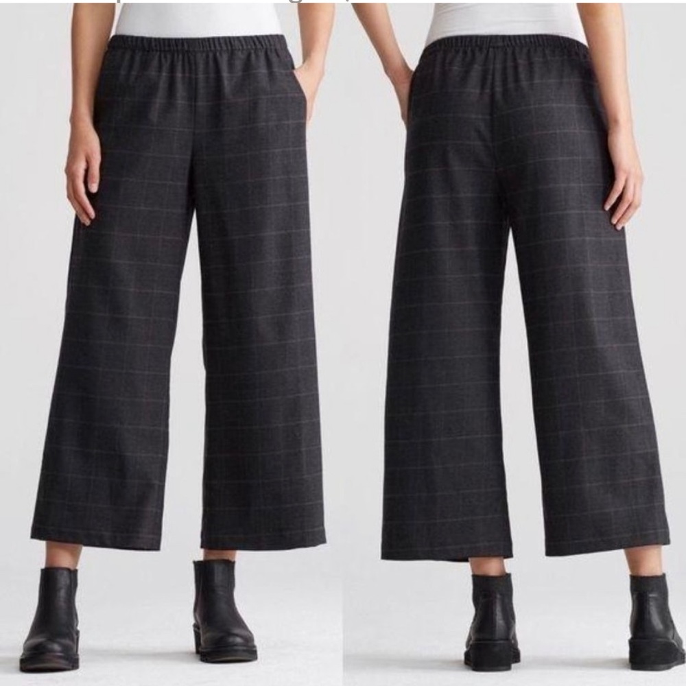 Eileen Fisher Gray Plaid Wide Leg Wool Cropped Pants - Picture 1 of 5